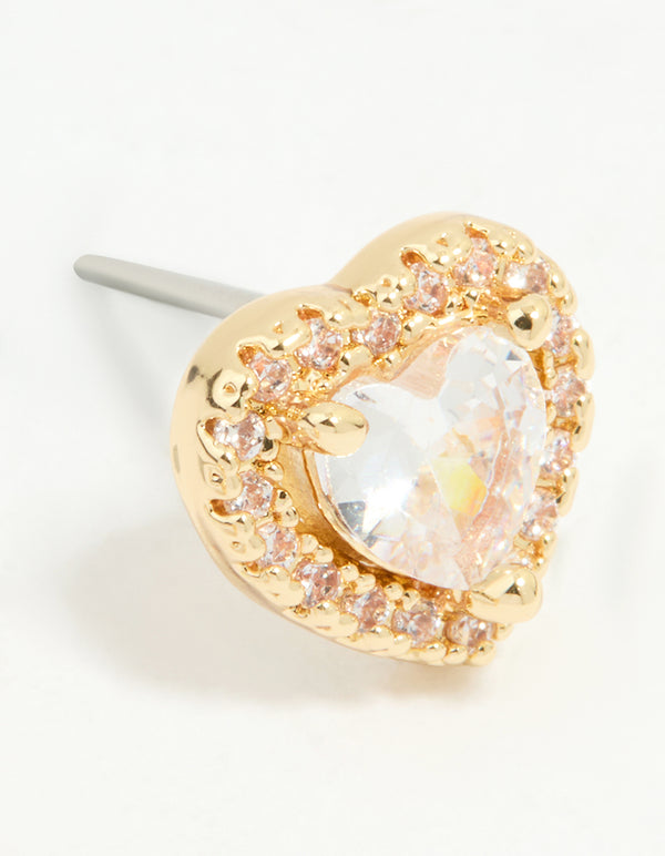 Gold Plated Cubic Zirconia Halo Heart Stud Earrings