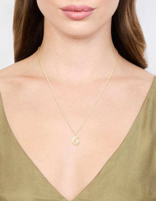 Gold Plated Cubic Zirconia Celestial Pendant Necklace