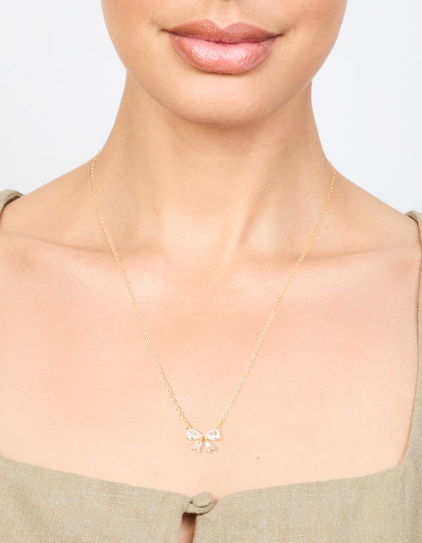 Gold Plated Cubic Zirconia Small Bow Pendant Necklace