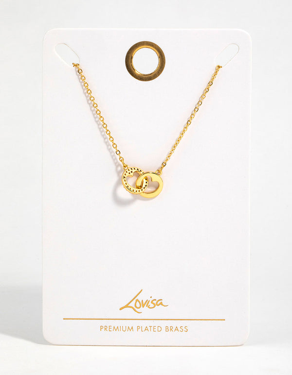 Gold Plated Brass Cubic Zirconia Double Heart Link Pendant Necklace