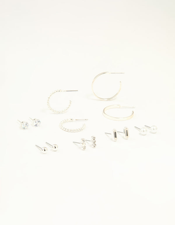 Silver Diamante Mixed Stud & Hoop Earrings 7-Pack