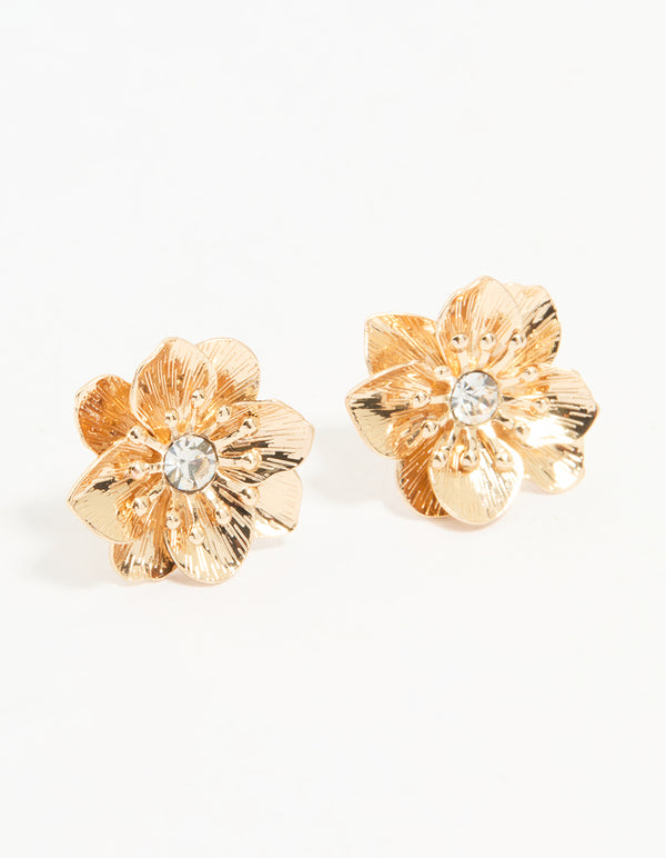 Gold Diamante Flower Stud Earrings