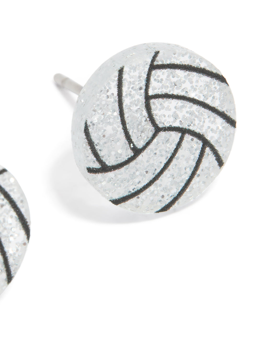 Expertly crafted silver netball stud earrings featuring glitter finish post detail view
