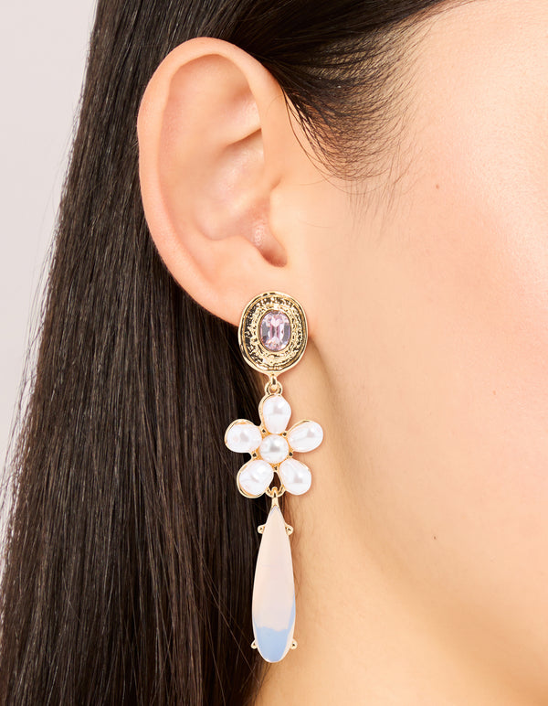 Gold Pearl & Flower Drop Earrings