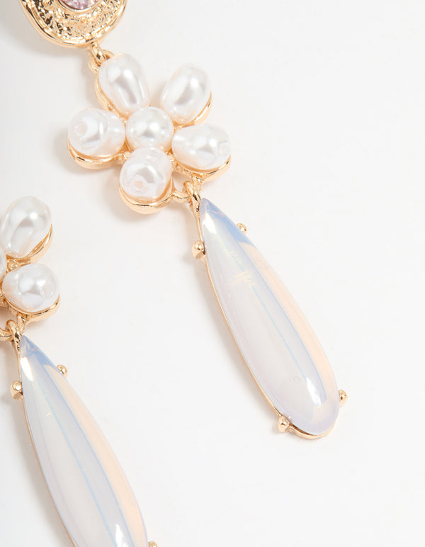 Gold Pearl & Flower Drop Earrings