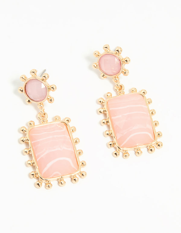 Gold Pink Stone Square Drop Earrings