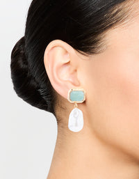 Gold Pearl & Blue Rectangle Stone Drop Earrings - link has visual effect only