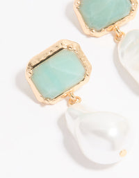 Gold Pearl & Blue Rectangle Stone Drop Earrings - link has visual effect only