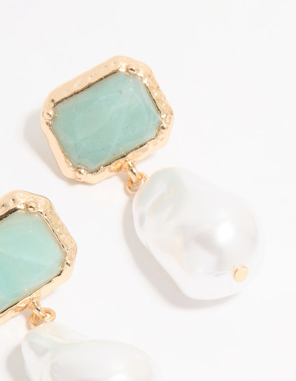 Gold Pearl & Blue Rectangle Stone Drop Earrings