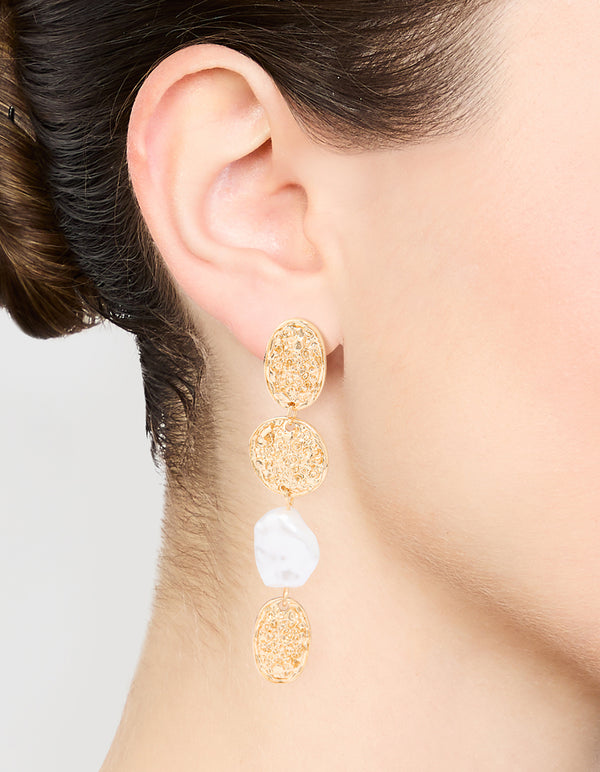 Gold Pearl Textured Drop Earrings