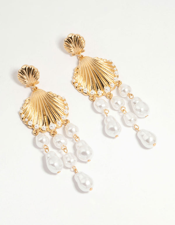 Gold Shell Pearl Drop Earrings