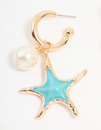 Gold Pearl & Blue Starfish Charm Huggie Earrings - link has visual effect only