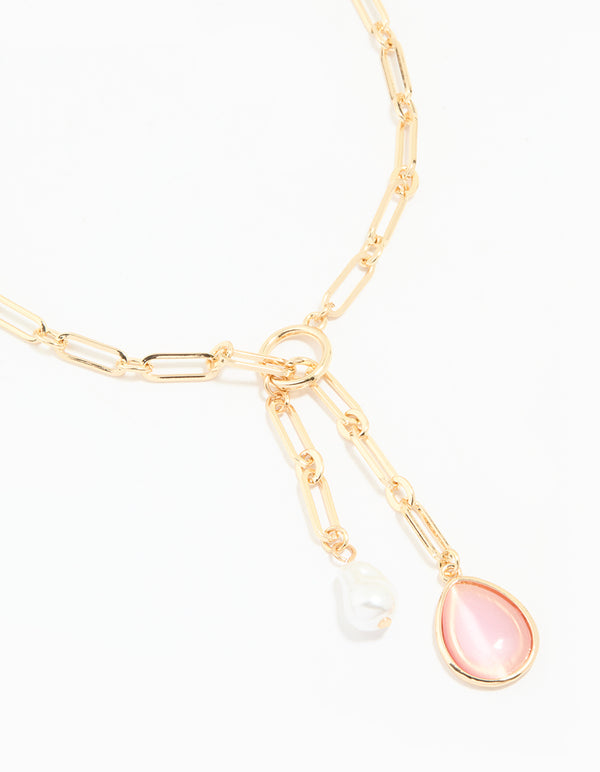 Gold Pink Gem & Pearl Drop Y-Necklace