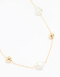 Gold Pearl & Solid Ball Long Link Necklace - link has visual effect only