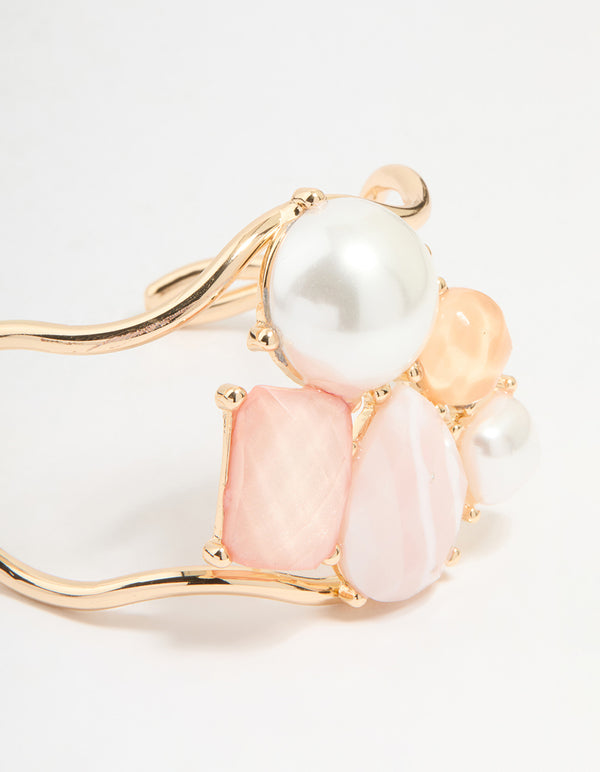 Gold Pink & Orange Gem Pearl Wrist Cuff