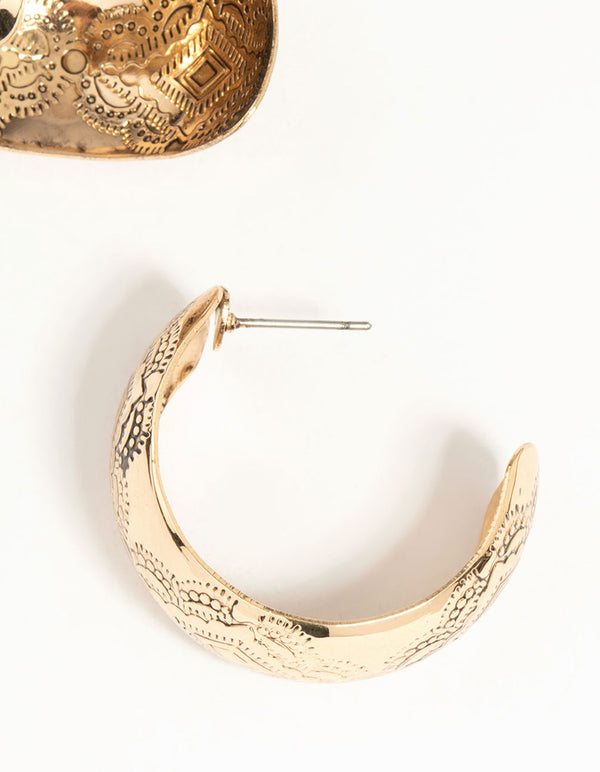 Antique Gold Pattern Wide Hoop Earrings