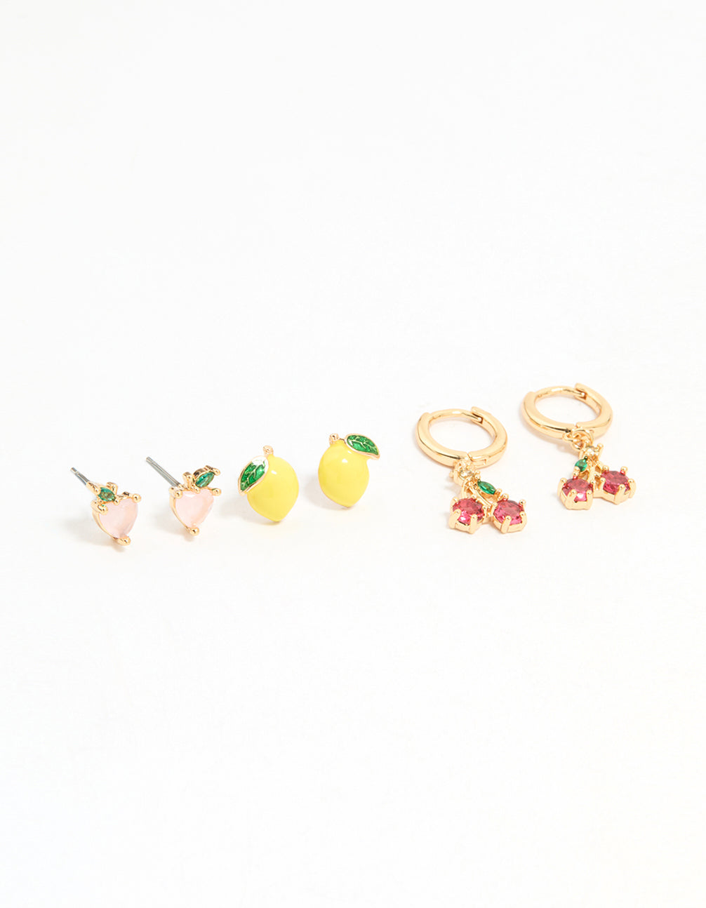 Gold Enamel Mixed Fruit Stud Earrings 3-Pack