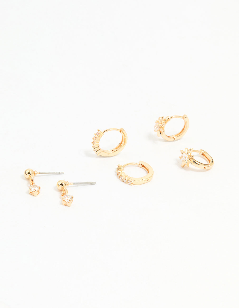 Gold Cubic Zirconia Mixed Cross Huggie & Stud Earrings 3-Pack