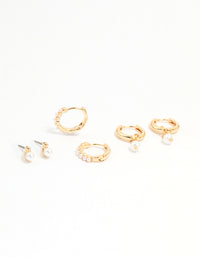 Gold Mixed Pearl Charm Huggie Earrings 3-Pack - link has visual effect only