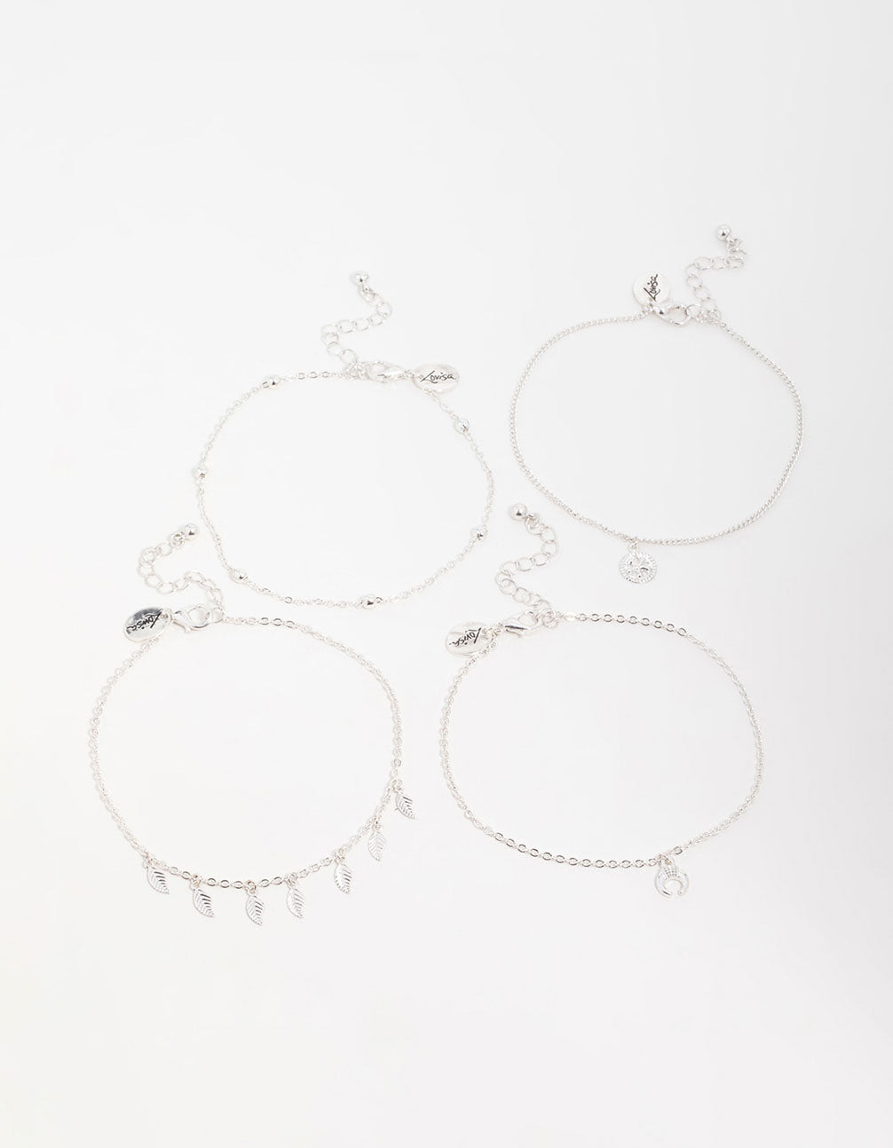 Antique Silver Leaf & Station Anklets 4-Pack