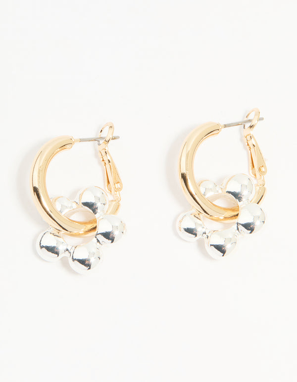 Mixed Metal Flower Rondell Hoop Earrings