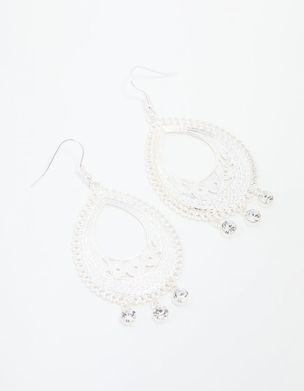 Silver Diamante Filigree Oval Drop Earrings