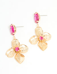 Gold Pink Diamante Hammered Flower Drop Earrings - link has visual effect only
