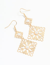 Gold Pearl Filigree Tiered Drop Earrings - link has visual effect only