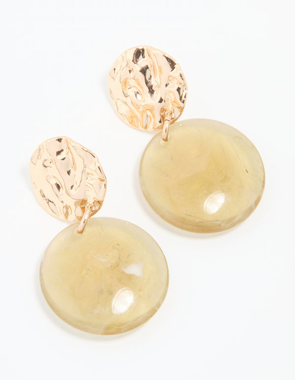 Gold Green Acrylic Hammered Circle Drop Earrings