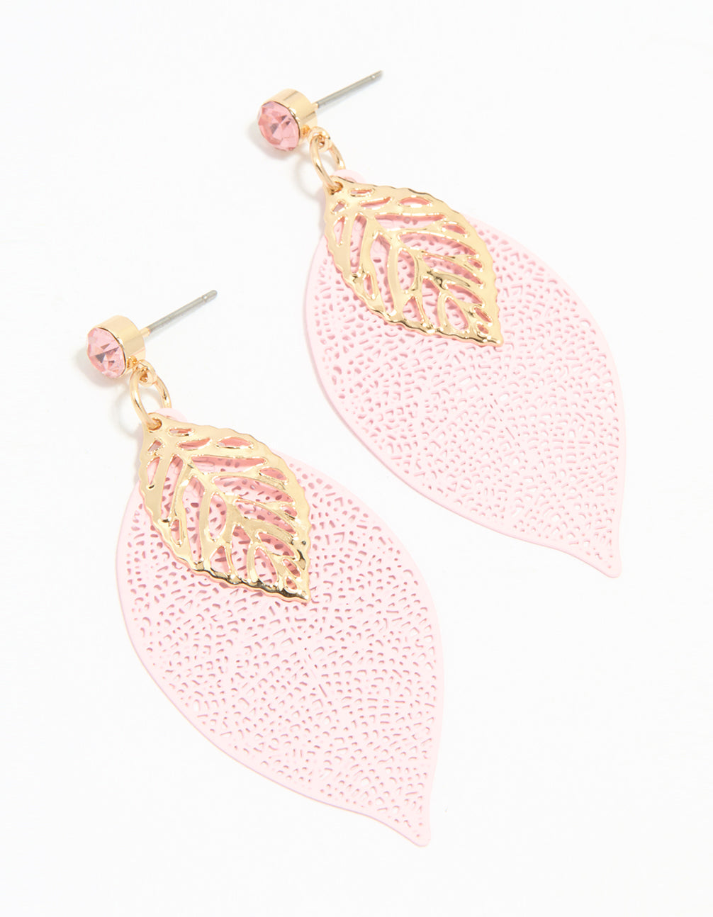 Gold Pink & Filigree Leaf Drop Earrings