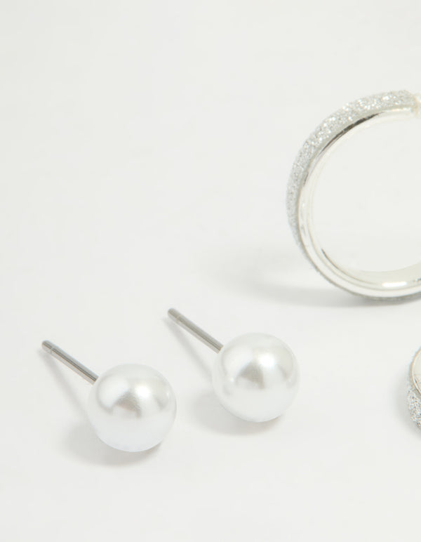 Silver Glitter Paper & Pearl Stud Earrings 2-Pack