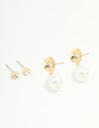 Gold Pearl Flower & Diamante Stud Earrings 2-Pack - link has visual effect only