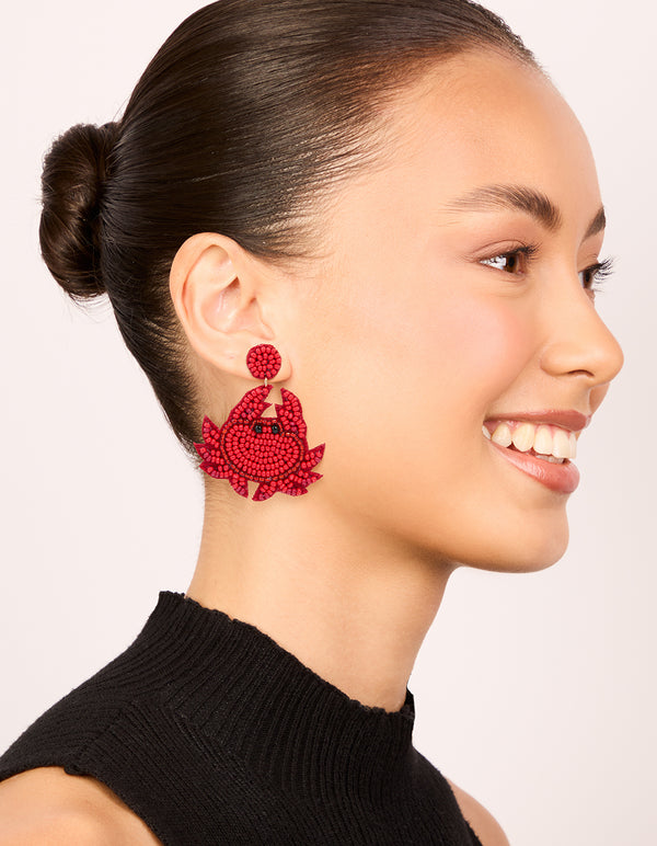 Red Beaded Crab Drop Earrings