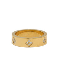 Beautiful waterproof gold plated stainless steel cubic zirconia floral band ring front view - link has visual effect only