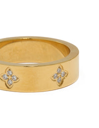 Highlighting waterproof gold plated stainless steel cubic zirconia floral band ring close up view - link has visual effect only