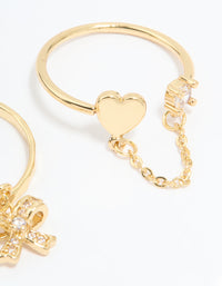 Gold Plated Cubic Zirconia Heart Chain Ring - link has visual effect only