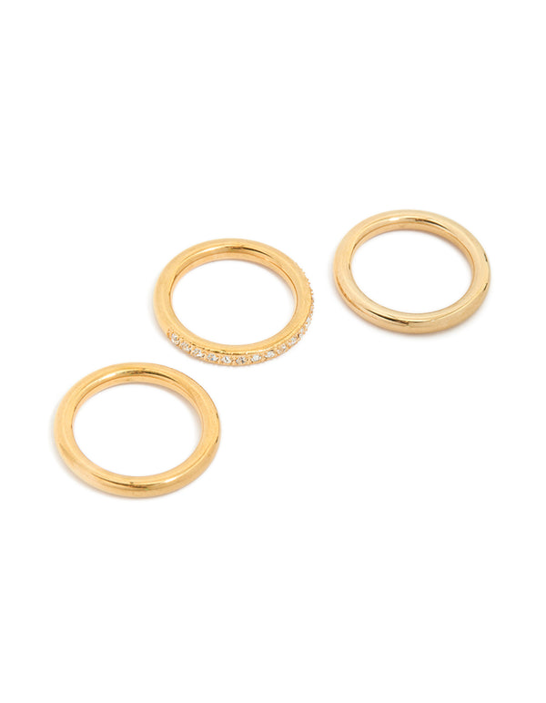 Elegant waterproof gold plated triple band stacking rings in a 3-pack front view