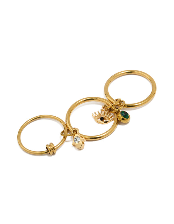 Featuring waterproof gold plated stainless steel charm stacked ring with evil-eye embellishments side detail view