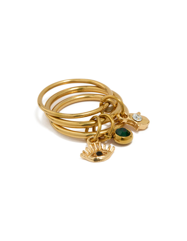 Showcasing a waterproof gold plated stainless steel charm stacked ring featuring evil-eye detailing front view
