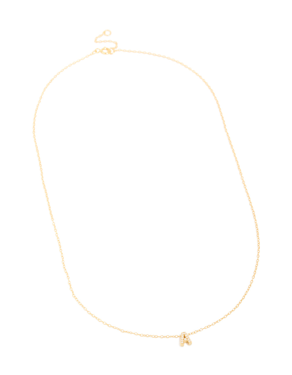 Highlighting a gold plated sterling silver cubic zirconia pavé letter A necklace with initials and statement styling in gold and clear front view