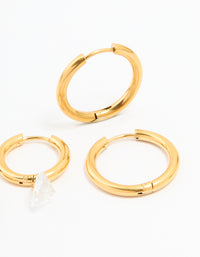 Waterproof Gold Plated Stainless Steel Cubic Zirconia Droplet & Sleek Hoop Earrings 2-Pack - link has visual effect only