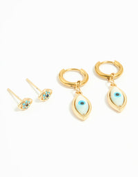 Waterproof Gold Plated Stainless Steel Double Evil Eye Earrings 2-Pack - link has visual effect only