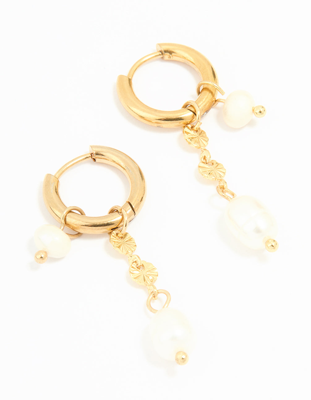 Waterproof Gold Plated Stainless Steel Chain Freshwater Pearl Drop Huggie Earrings