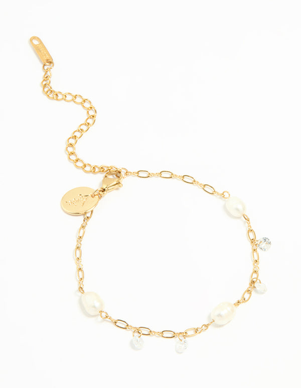 Waterproof Gold Plated Stainless Steel Cubic Zirconia Pearl Bracelet