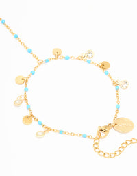 Waterproof Gold Plated Stainless Steel Blue Bead & Disc Hand Chain - link has visual effect only
