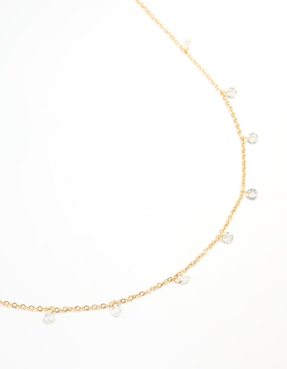 Showcasing a waterproof gold plated stainless steel waist chain with cubic zirconia charms in an embellished pattern front view