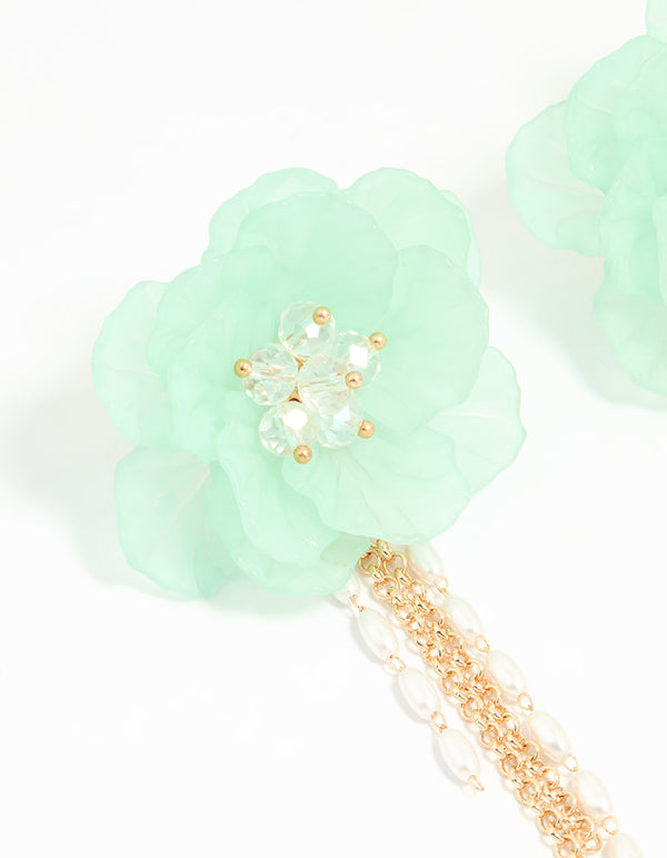 Gold Blue Flower Chain Drop Earrings