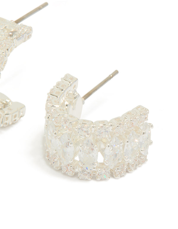 Silver Plated Cubic Zirconia Marquise Center Strap Hoop Earrings