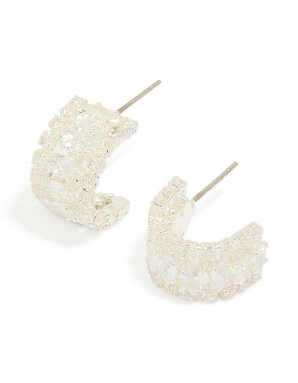 Silver Plated Cubic Zirconia Marquise Center Strap Hoop Earrings