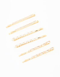 Featuring gold cubic zirconia and pearl hair clips in a 6-pack front view - link has visual effect only